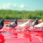 275 Pigeons Dive Into a Pond Filled With Red Glue