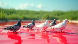 275 Pigeons Dive Into a Pond Filled With Red Glue